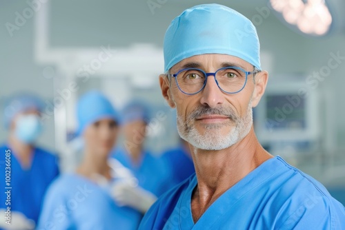 Confident surgeon in operating room with medical team for healthcare and surgery concepts