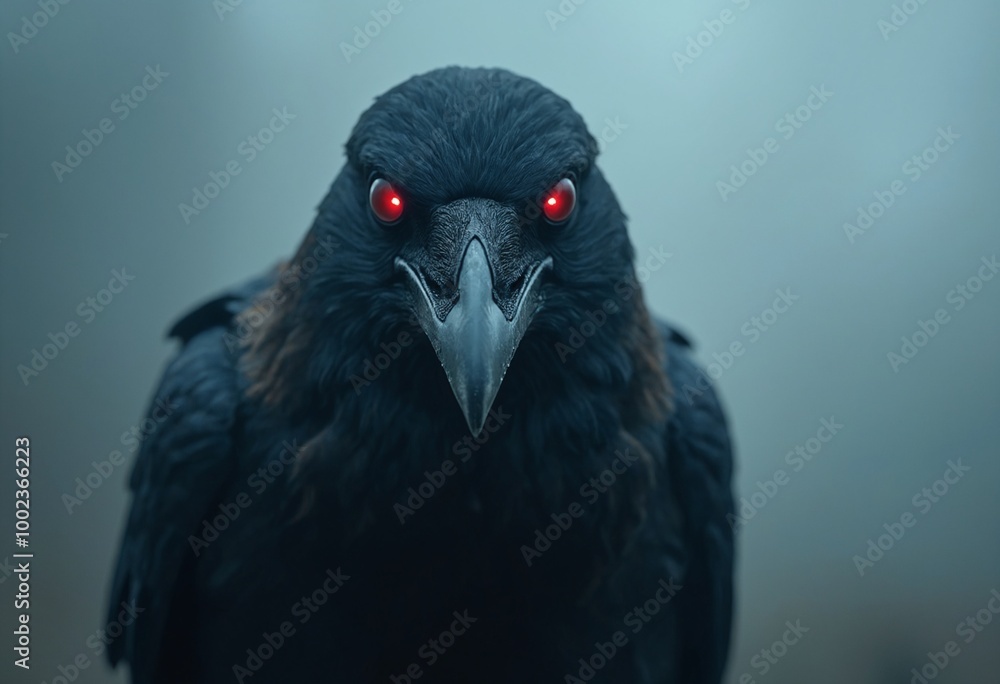 Fototapeta premium A crow with intense red eyes obscured by fog