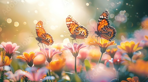 Wallpaper Mural Beautiful bees and butterfly on the spring flower garden blur background. Torontodigital.ca