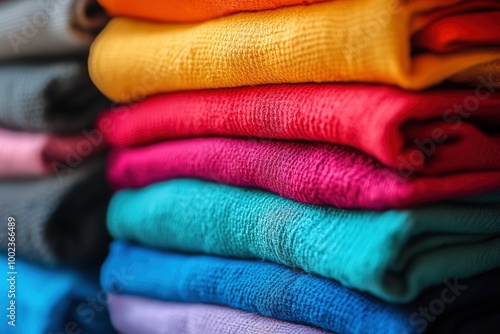 stack of colourful cotton clothes, close up pile of clothing  with generative ai