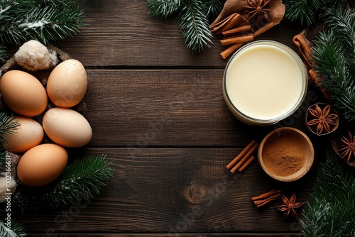 Ingredients for New Year drink eggnog - eggs, milk, cinnamon on dark wooden background top view frame copy space - generative ai