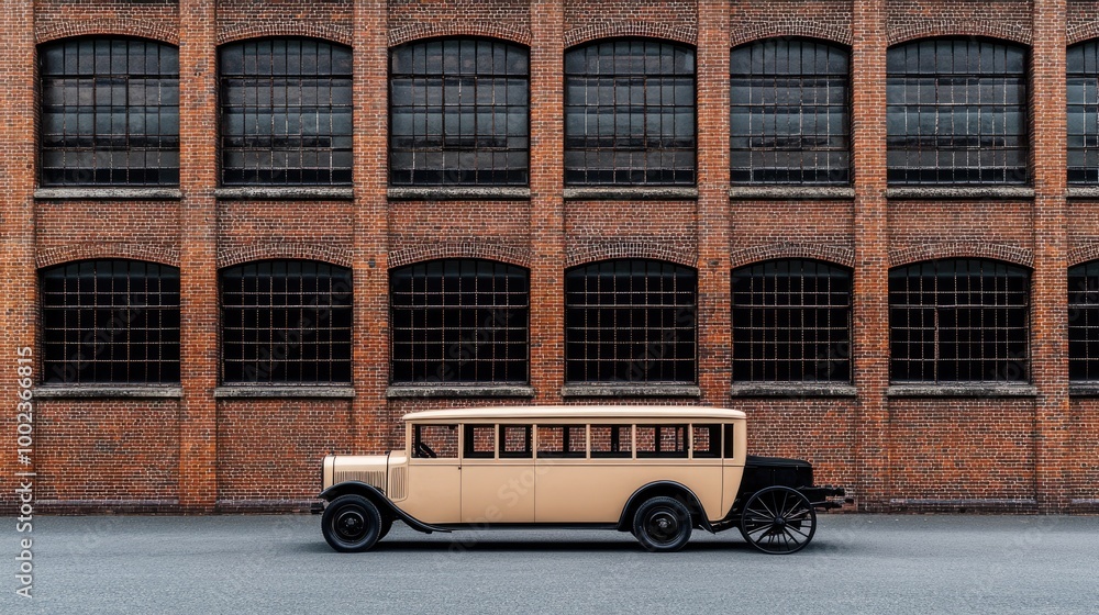 Obraz premium An antique black horse-drawn carriage rests beside an old South Australian prison building, featuring striking brown brick walls and a distinctive red tiled roof