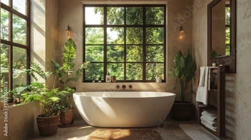 A Freestanding Tub In A Modern Bathroom With Lush Greenery And Natural Light