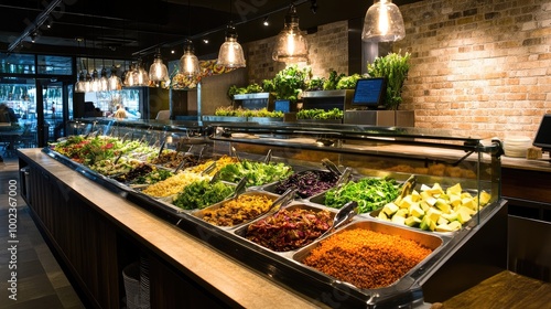 a healthy fresh salad bar with colorful options like quinoa, avocado, and leafy greens, beautifully arranged for diners.