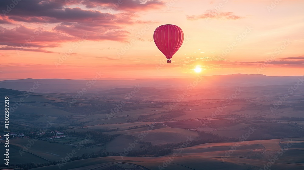 a hot air balloon floating above a scenic landscape at sunrise, with soft colors in the sky and rolling hills below. a hot air balloon floating above a scenic landscape at sunrise, with soft colors in the sky and rolling hills below.