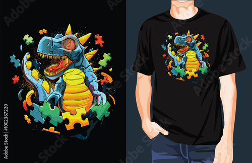 Dino puzzle neon space t-shirt design unique idea