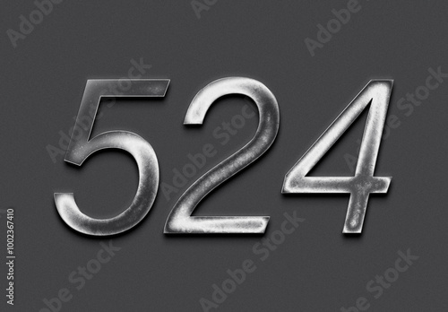 Chrome metal 3D number design of 524 on grey background.