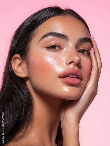 Stunning Latina woman with radiant skin and soft makeup gently touches her cheek in this close-up portrait against a pink background. Perfect for skincare ads, beauty photography, with generative ai photo