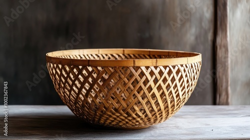 a lightweight bamboo basket, intricately woven and perfect for storing small fruits or used as a decorative piece.