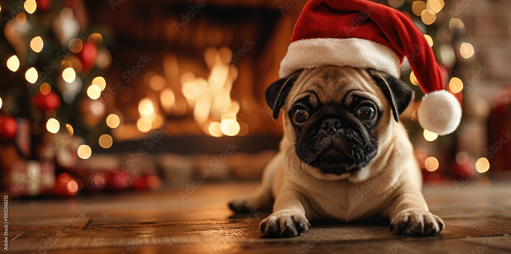 Obraz premium A pug puppy, wearing Santa hat sitting by an open fire next to a Christmas tree.