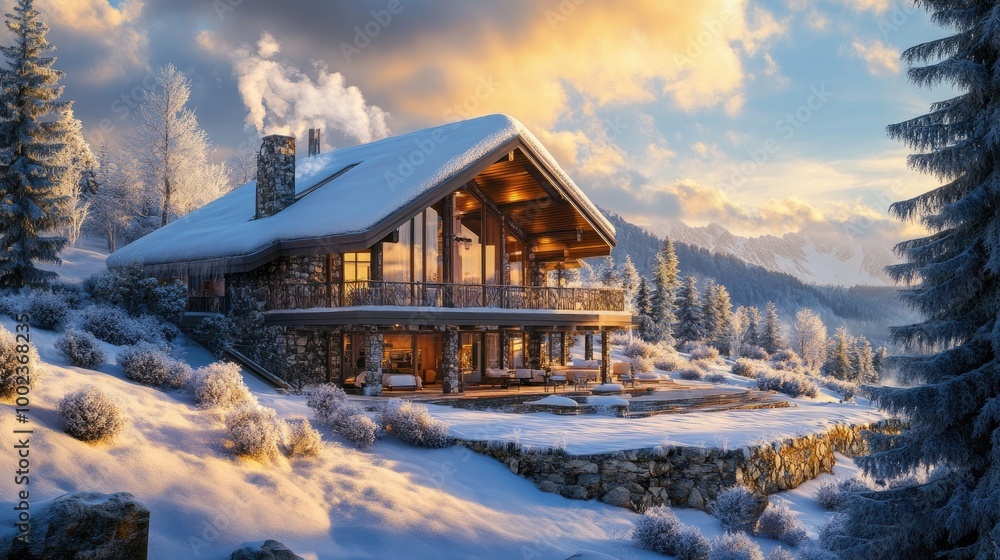 a luxurious winter vacation cabin in the mountains, surrounded by snow-covered trees and a stunning view of the landscape. a luxurious winter vacation cabin in the mountains, surrounded by snow-covered trees and a stunning view of the landscape.