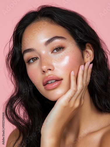 Stunning Latina woman with radiant skin and soft makeup gently touches her cheek in this close-up portrait against a pink background. Perfect for skincare ads, beauty photography, with generative ai