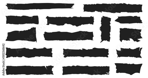 Black ripped paper strip set. Cutout regtangular pieces with torn edges shreds of pages. Grunge background silhouettes. Rough jagged frames. Black and white simple flat style. Isolated vector on white