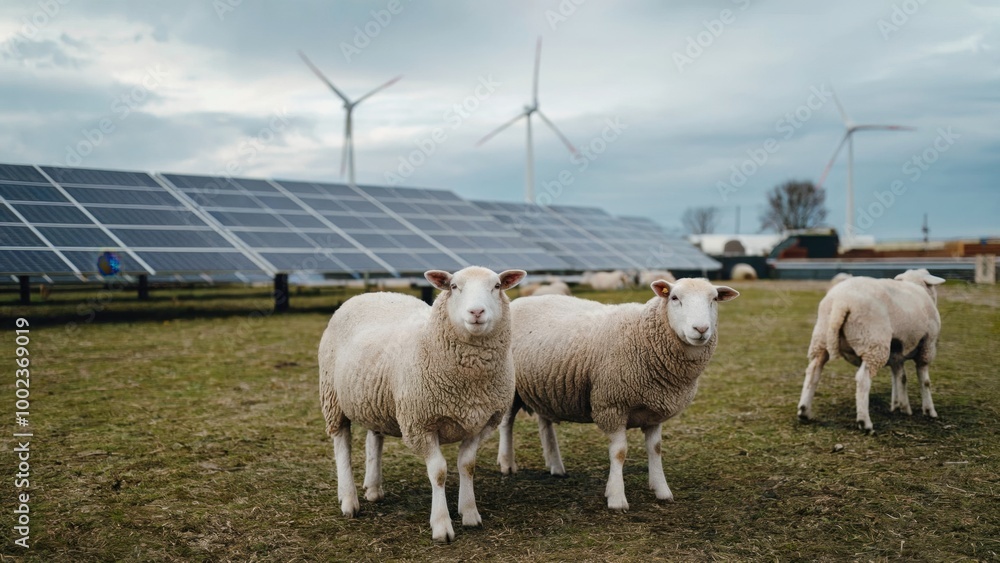 Fototapeta premium Ecology farm with sheeps in background renewable energy wind turbine and solar panels