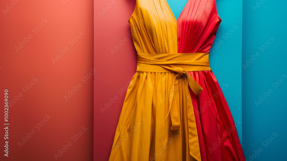 Vibrant dresses displayed against a colorful backdrop showcasing bold fashion choices for special occasions or everyday wear Vibrant dresses displayed against a colorful backdrop showcasing bold fashion choices for special occasions or everyday wear