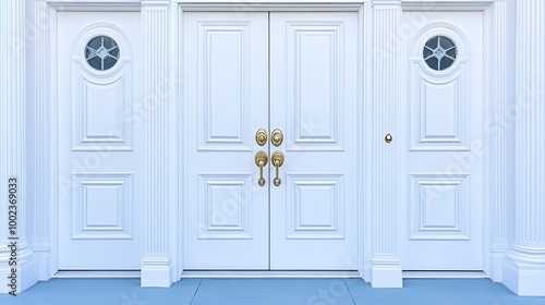 White double doors with glass panels and a security window provide an elegant entrance to a home, flanked by potted greenery in a well-lit area