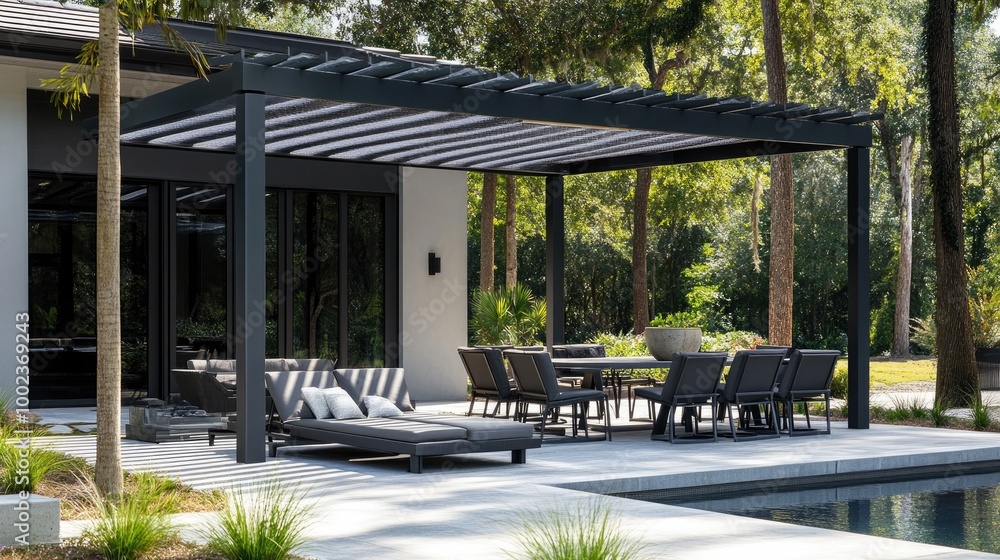 a modern outdoor furniture set on a patio, featuring sleek loungers, a dining table, and a shaded pergola for outdoor living.