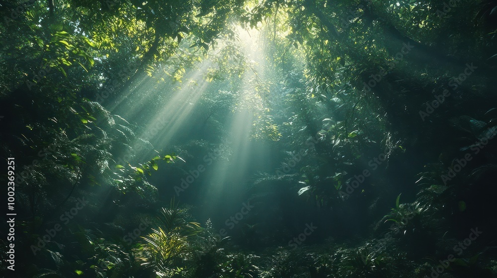 Sunbeams illuminate a lush green forest, creating a mystical atmosphere. Sunbeams illuminate a lush green forest, creating a mystical atmosphere.