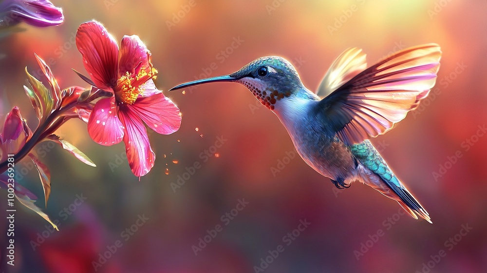 Naklejka premium A hummingbird feeds on a pink flower with pink flowers in the foreground and background