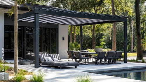 Obraz na płótnie a modern outdoor furniture set on a patio, featuring sleek loungers, a dining table, and a shaded pergola for outdoor living. w salonie