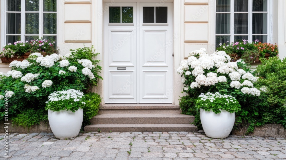 A white wooden front door enhanced by glass panels and surrounded by decorative plants against a clean white wall with black accents A white wooden front door enhanced by glass panels and surrounded by decorative plants against a clean white wall with black accents