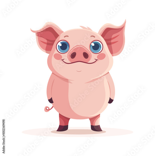 A cute cartoon pig standing upright with a big smile and bright blue eyes. The pig is pink with large ears and a curly tail, looking cheerful and friendly.