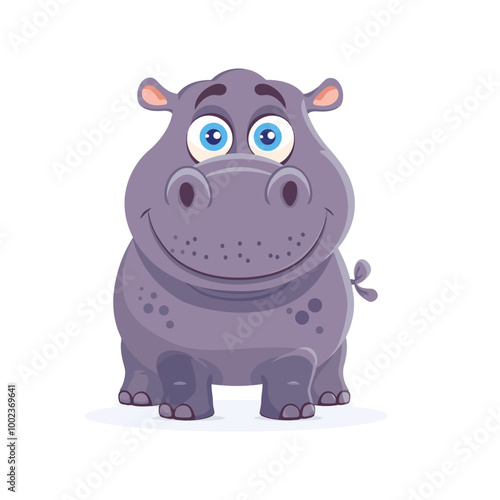  A friendly cartoon hippo standing with a big smile and large blue eyes. The hippo is light purple, round, and appears joyful, perfect for a children's character.