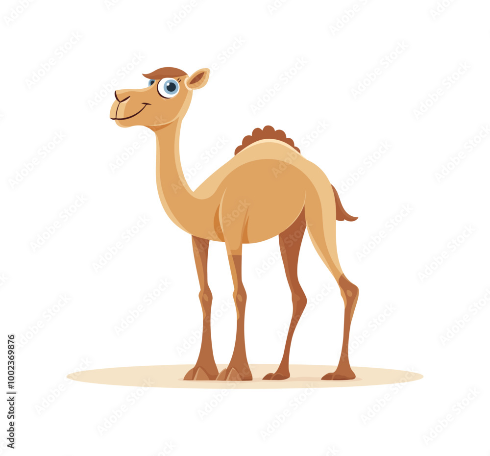 Naklejka premium Side view of a cartoon camel standing sideways, with a cheerful expression and long legs. The camel is light brown and appears friendly and playful.