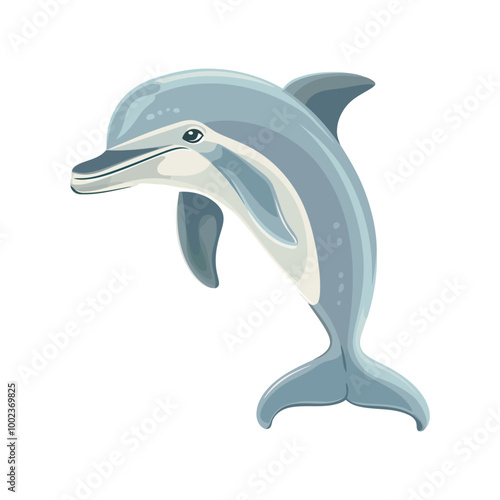 A light blue and grey cartoon dolphin leaping with a curved body, showing a fun and dynamic motion, resembling a splash in water