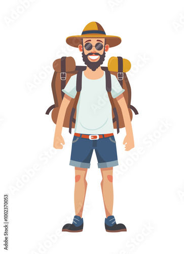 A cheerful cartoon man with a beard, wearing a hat and sunglasses, carrying a large backpack, and ready for an adventure