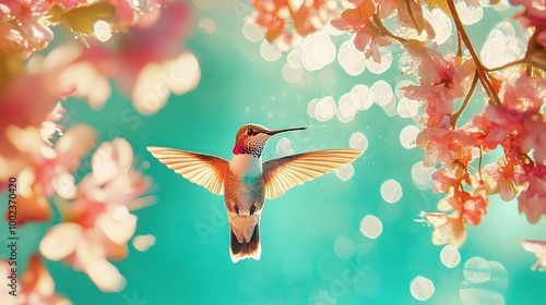   A bird flying in the air with a flower in its beak against a blurred background