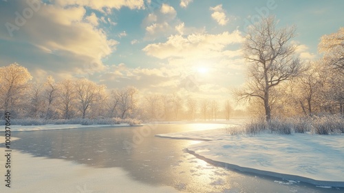 a picturesque winter landscape featuring a frozen lake and snowy trees, with warm sunlight filtering through the clouds