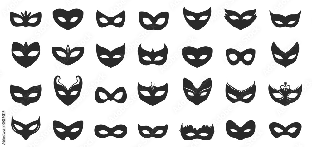 Carnival mask black icons set. Half and full faced. Masquerade costume eye mask incognito party hero villian masque element. Black and white simple flat style. Isolated vector on white background Carnival mask black icons set. Half and full faced. Masquerade costume eye mask incognito party hero villian masque element. Black and white simple flat style. Isolated vector on white background