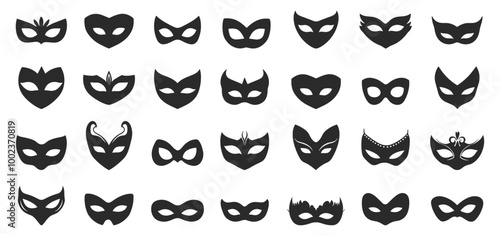 Carnival mask black icons set. Half and full faced. Masquerade costume eye mask incognito party hero villian masque element. Black and white simple flat style. Isolated vector on white background