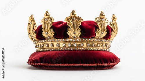 Regal Gold Crown on Velvet Cushion, showcasing opulence and aristocratic charm, set against a pristine white backdrop for a striking visual impact