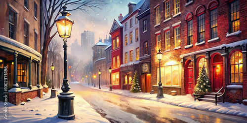 Snow-Covered City Street at Night. Watercolor photo