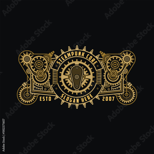 Steampunk badge logo with detailed vintage gear circle