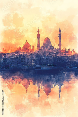 Cairo, Egypt, color pen pencil hand-drawn effect drawing illustration for travel poster, card, wallpaper, backdrop or banner. Modern, clear, artistic and simple