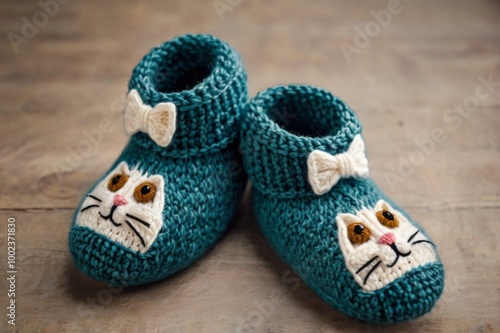 Unusual knitted slippers in the shape of a cat.