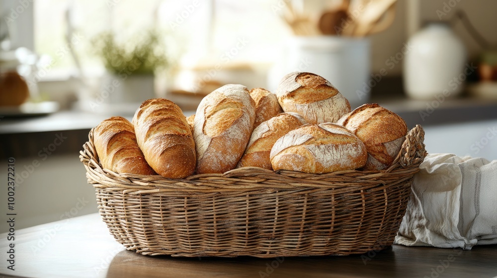 a rustic bread basket filled with freshly baked loaves of bread and baguettes, placed on a kitchen table for breakfast. a rustic bread basket filled with freshly baked loaves of bread and baguettes, placed on a kitchen table for breakfast.