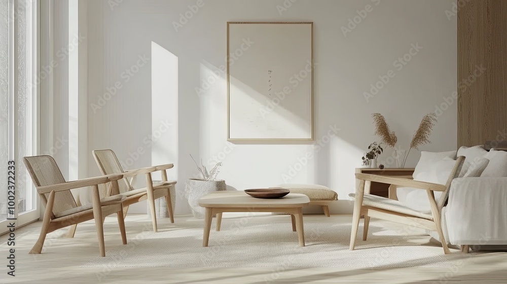 Fototapeta premium a Scandinavian furniture set in a bright living room, with light wooden chairs, a simple sofa, and airy, white walls.