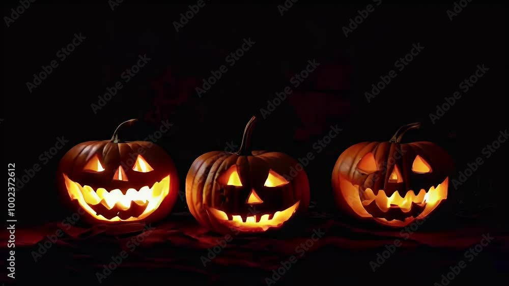 Three lit jack-o'-lanterns with glowing eyes and mouths on a dark background. Three lit jack-o'-lanterns with glowing eyes and mouths on a dark background.