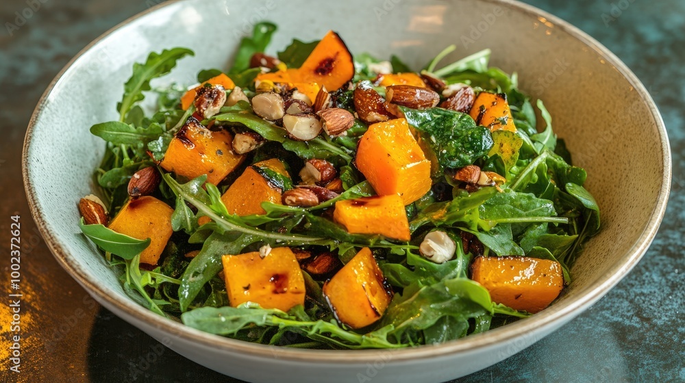 a seasonal fresh vegetable salad served with a mix of arugula, spinach, and seasonal toppings like roasted squash and nuts. a seasonal fresh vegetable salad served with a mix of arugula, spinach, and seasonal toppings like roasted squash and nuts.