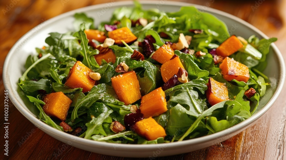 a seasonal fresh vegetable salad served with a mix of arugula, spinach, and seasonal toppings like roasted squash and nuts. a seasonal fresh vegetable salad served with a mix of arugula, spinach, and seasonal toppings like roasted squash and nuts.