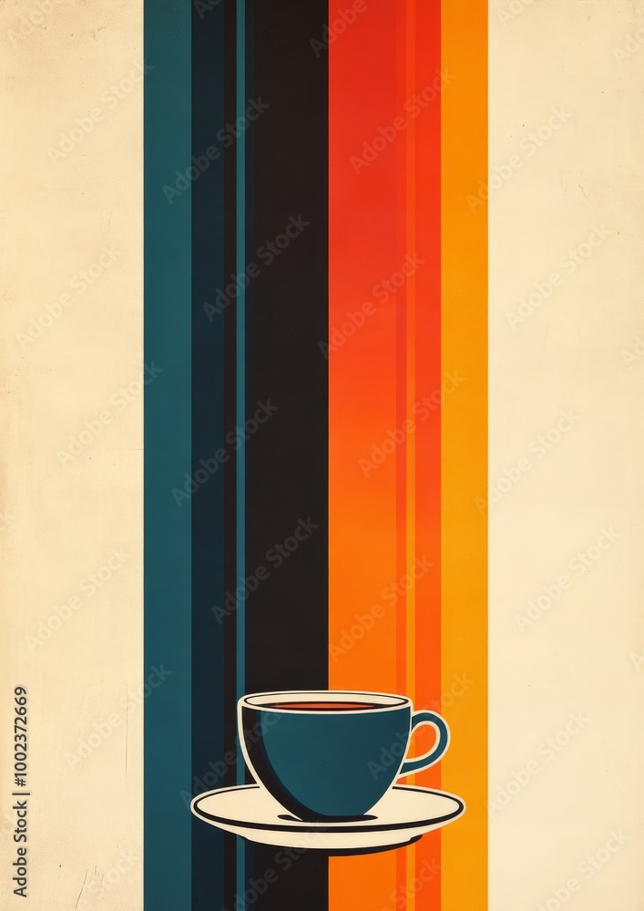 A Simple Blue Coffee Cup on a Saucer Against Vibrant Striped Background in Retro Style Design A Simple Blue Coffee Cup on a Saucer Against Vibrant Striped Background in Retro Style Design