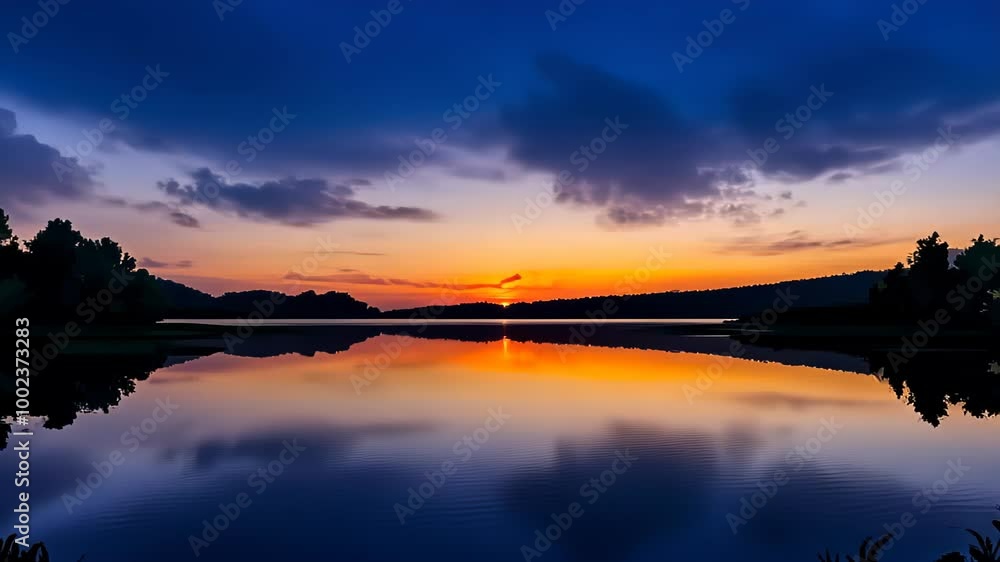 A vibrant sunset over a calm lake, reflecting colorful clouds and serene nature. A vibrant sunset over a calm lake, reflecting colorful clouds and serene nature.