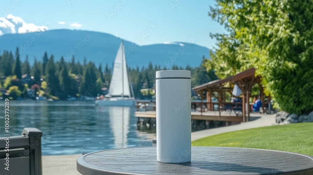 Naklejka premium A white tumbler rests on sandy beach with a sailboat sailing in the background, framed by swaying palm trees under a bright blue sky