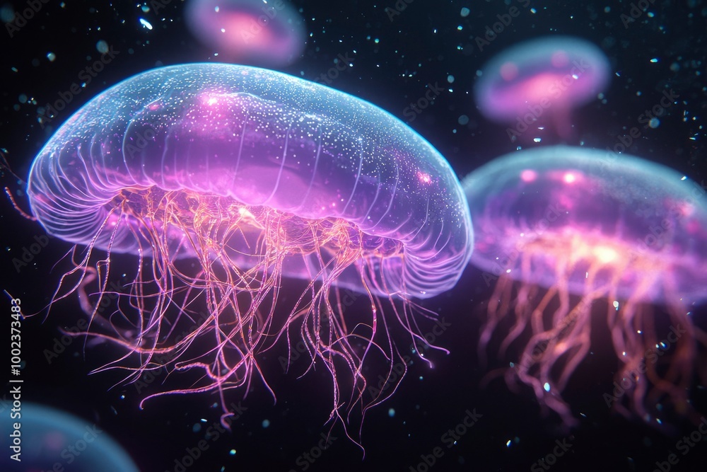 A Close-Up View of a Translucent Pink Jellyfish with Long Tendrils A Close-Up View of a Translucent Pink Jellyfish with Long Tendrils