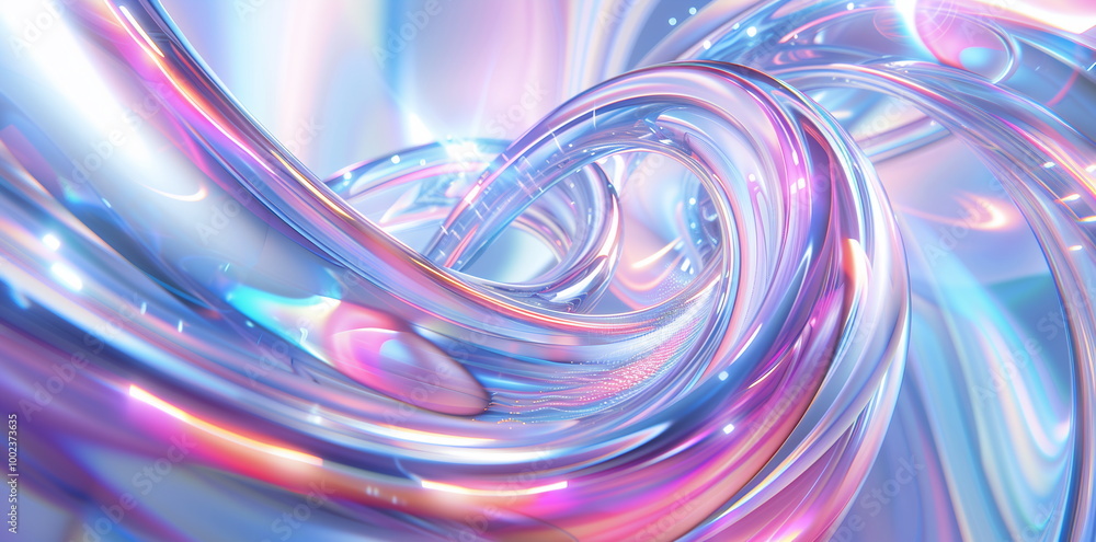 Abstract futuristic background with holographic glass spiral and chrome elements on a white backdrop. A hologram of curved tubes in light blue, pink and purple colors. Abstract modern wallpaper design Abstract futuristic background with holographic glass spiral and chrome elements on a white backdrop. A hologram of curved tubes in light blue, pink and purple colors. Abstract modern wallpaper design