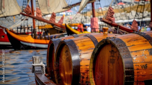 Wooden Barrels on a Dock With Traditional Sailing Ships in the Background During a Sunny Day